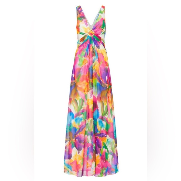 Liv Foster Floral Satin Maxi Dress | RTR | Brass Ring Cutout | Size 8 - Picture 4 of 4